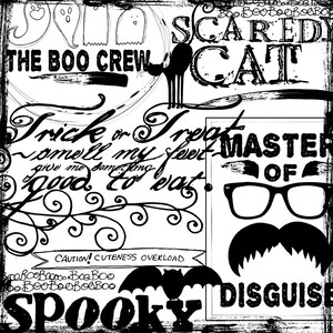 Puede incluir: Ilustraci&oacute;n en blanco y negro de una escena de Halloween espeluznante con fantasmas, murci&eacute;lagos y un gato. El texto dice "The Boo Crew", "Scared Cat", "Trick or Treat", "Smell my feet", "Give me something good to eat", "Master of Disguise", y "Caution! Cuteness Overload".