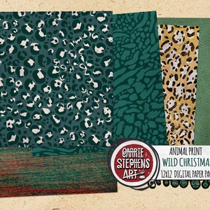 K&ouml;nnte beinhalten: Ein digitales Papierpaket mit Tierdruckmustern. Das Paket enth&auml;lt vier 30,5 x 30,5 cm gro&szlig;e digitale Papiere mit Leopard-, Zebra- und Schlangenmustern in Gr&uuml;n, Braun und Wei&szlig;. Das Paket tr&auml;gt den Titel "Animal Print Wild Christmas 2" und stammt von Carrie Stephens Art.