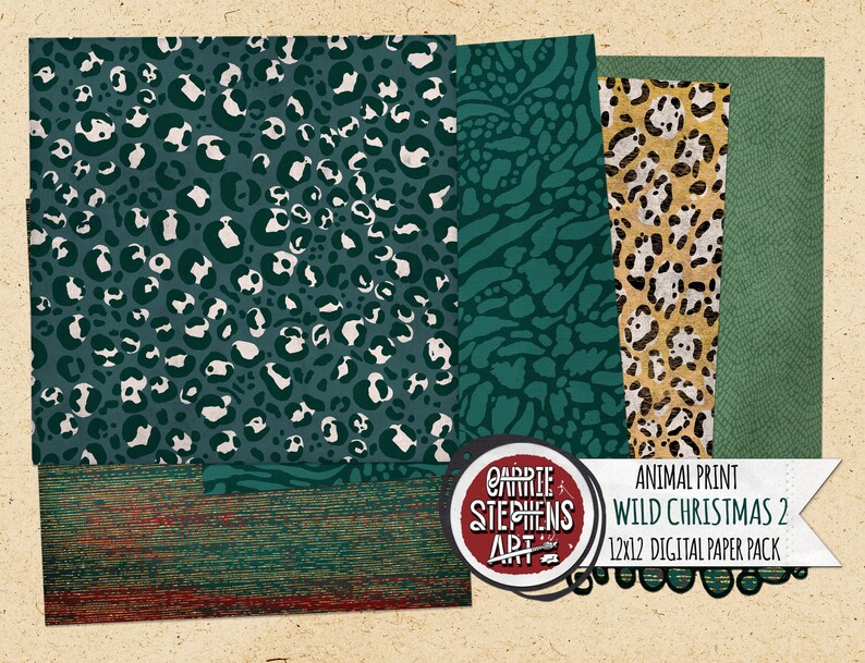 K&ouml;nnte beinhalten: Ein digitales Papierpaket mit Tierdruckmustern. Das Paket enth&auml;lt vier 30,5 x 30,5 cm gro&szlig;e digitale Papiere mit Leopard-, Zebra- und Schlangenmustern in Gr&uuml;n, Braun und Wei&szlig;. Das Paket tr&auml;gt den Titel "Animal Print Wild Christmas 2" und stammt von Carrie Stephens Art.