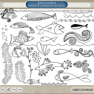 Fish Doodle ClipArt, Nautical Digital Stamp Printable, Hand-Drawn Doodles + Photoshop Brush, Embroidery Line Art, Digital Download