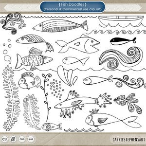 Poisson Doodle ClipArt, timbre numérique nautique imprimable, griffonnages dessinés à la main + pinceau Photoshop, dessin au trait broderie, téléchargement numérique