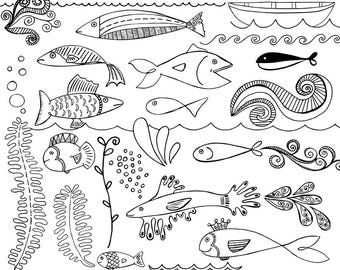 Fish Doodle ClipArt, Nautical Digital Stamp Printable, Hand-Drawn Doodles + Photoshop Brush, Embroidery Line Art, Digital Download