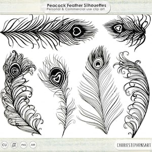 Peacock Feather Clip Art, Feather Silhouettes, Peacock Wedding Invitation Graphics, Photoshop Brush + PNG Digital Stamps, Bird