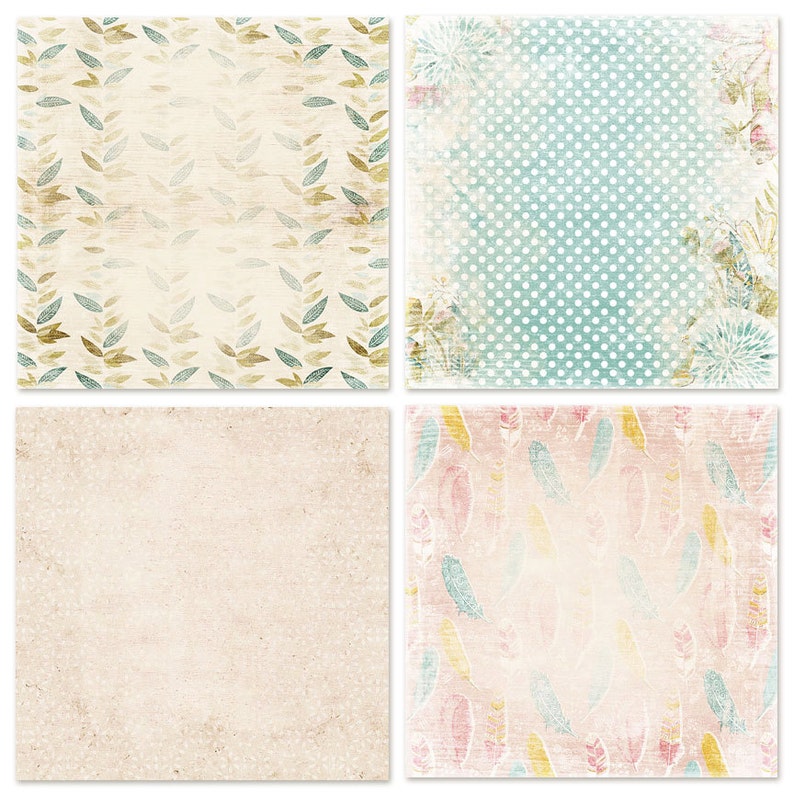 Puede incluir: Cuatro texturas de papel digital con una est&eacute;tica vintage. La primera es un fondo beige claro con un patr&oacute;n repetitivo de hojas marrones y azules. La segunda es un fondo azul claro con un patr&oacute;n de lunares blancos. La tercera es un fondo beige claro con un patr&oacute;n de lunares blancos sutiles. La cuarta es un fondo rosa claro con un patr&oacute;n repetitivo de plumas azules, amarillas y rosas.