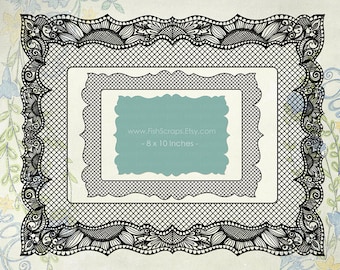 Digital Lace Border Frame ClipArt, 8 x 10 Rectangle Frame, Sunflower Scalloped Decorative Edge Border, Commercial Use Wedding Border