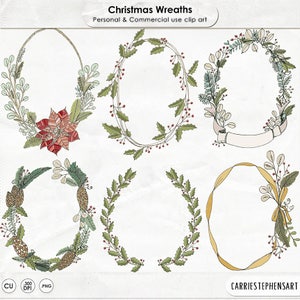 Christmas Wreath ClipArt, Christmas Wreaths Clip Art, Hand-Drawn Poinsettia, Winter Holly, DIY Christmas Card, Tags, Printable Graphics image 1