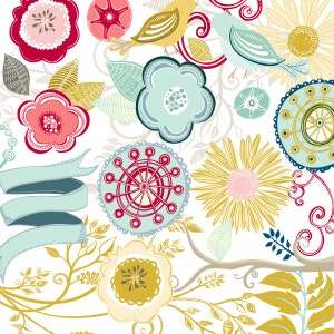 May include: A whimsical illustration featuring colorful flowers, birds, and swirling vines. The design is done in a retro style with a white background.