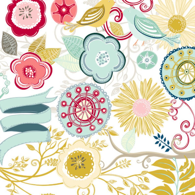 May include: A whimsical illustration featuring colorful flowers, birds, and swirling vines. The design is done in a retro style with a white background.