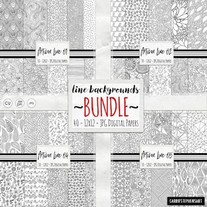 Black and White Digital Background Bundle, Digital Paper Bundle, Printable Crafting, Black Line Coloring Pattern Paper