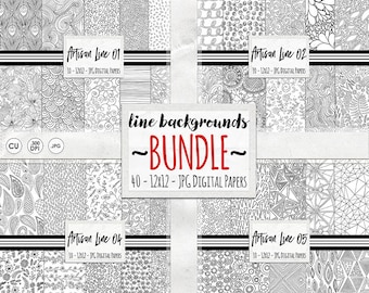 Black and White Digital Background Bundle, Digital Paper Bundle, Printable Crafting, Black Line Coloring Pattern Paper