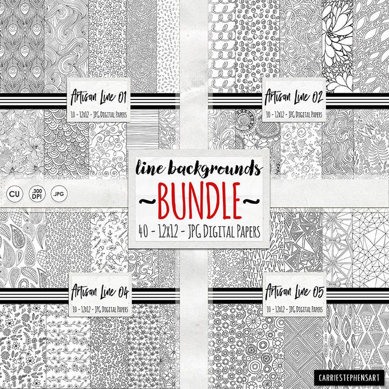 Puede incluir: Un paquete de papel digital con 40 patrones de arte lineal en blanco y negro. Los patrones est&aacute;n dispuestos en una cuadr&iacute;cula con el texto "line backgrounds ~BUNDLE~ 40 - 12x12 - JPG DIGITAL PAPERS" en el centro.