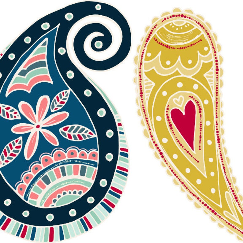 May include: Two paisley designs on a white background. One is navy blue with pink, teal, and white floral and leaf details. The other is gold with a red heart and dotted border.