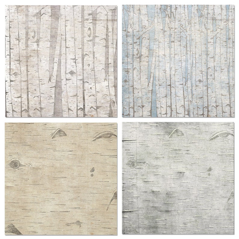 May include: Four different patterns of birch bark, each with a different colour scheme and texture. The top left pattern is a light brown with a white and grey pattern. The top right pattern is a light blue with a white and grey pattern. The bottom left pattern is a light brown with a white and grey pattern. The bottom right pattern is a light grey with a white and grey pattern.