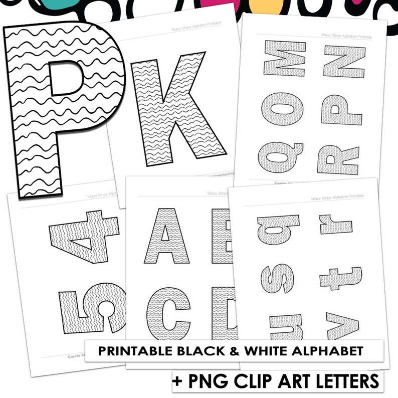 K&ouml;nnte beinhalten: Druckbare schwarz-wei&szlig;e Buchstaben des Alphabets mit einem welligen Streifenmuster. Die Buchstaben sind in Reihen auf wei&szlig;em Papier angeordnet. Der Text "PRINTABLE BLACK & WHITE ALPHABET + PNG CLIP ART LETTERS" befindet sich am unteren Rand des Bildes.