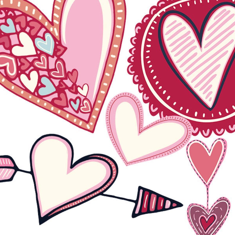 Op de afbeelding: Een verzameling gestileerde harten in roze, rood en wit, met zwarte omtrekken. Sommige harten zijn versierd met kleinere harten, en &eacute;&eacute;n wordt doorboord door een pijl. Het ontwerp heeft een handgetekende, speelse stijl, perfect voor Valentijnsdag.