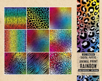 Wild Animal Print Digital Paper Exotic Rainbow Leopard 