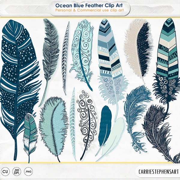 Navy Blue Feather Clip Art, Indian Summer Digital Illustration Download, Ocean Blue & Turquoise Tribal ClipArt, PNG Graphic Art