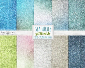 Sea Turtle Glitter Digital Paper | Teal, Blue & Green Water Themed Glitter Background Paper Pack, Gradient Scrapbook Paper, Under the Sea