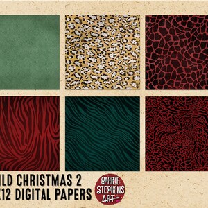 K&ouml;nnte beinhalten: Sechs digitale Papierdesigns mit Tiermuster in Rot, Gr&uuml;n und Braun. Die Muster umfassen Leopard, Zebra, Giraffe und Gepardenmuster. Der Text "WILD CHRISTMAS 2 12x12 DIGITAL PAPERS" befindet sich am unteren Rand des Bildes.