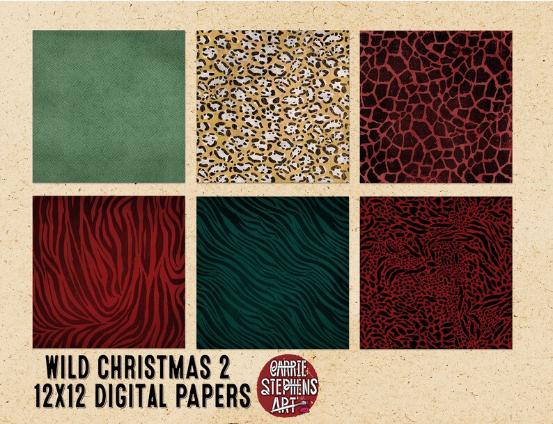 K&ouml;nnte beinhalten: Sechs digitale Papierdesigns mit Tiermuster in Rot, Gr&uuml;n und Braun. Die Muster umfassen Leopard, Zebra, Giraffe und Gepardenmuster. Der Text "WILD CHRISTMAS 2 12x12 DIGITAL PAPERS" befindet sich am unteren Rand des Bildes.