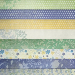 May include: A set of 10 digital papers featuring floral patterns in shades of blue, green, yellow, and white. The papers have a vintage, distressed look and are perfect for scrapbooking, card making, and other crafting projects.  Blue Bell Digital Paper Carrie Stephens Art.