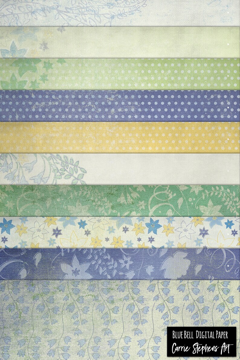 May include: A set of 10 digital papers featuring floral patterns in shades of blue, green, yellow, and white. The papers have a vintage, distressed look and are perfect for scrapbooking, card making, and other crafting projects.  Blue Bell Digital Paper Carrie Stephens Art.
