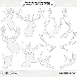 Op de afbeelding: Een set van 10 zwart-witte outline-illustraties van hertenkoppen en geweien. De illustraties zijn in een eenvoudige, minimalistische stijl. De set bevat een verscheidenheid aan hertenkopvormen en geweikonfiguraties.