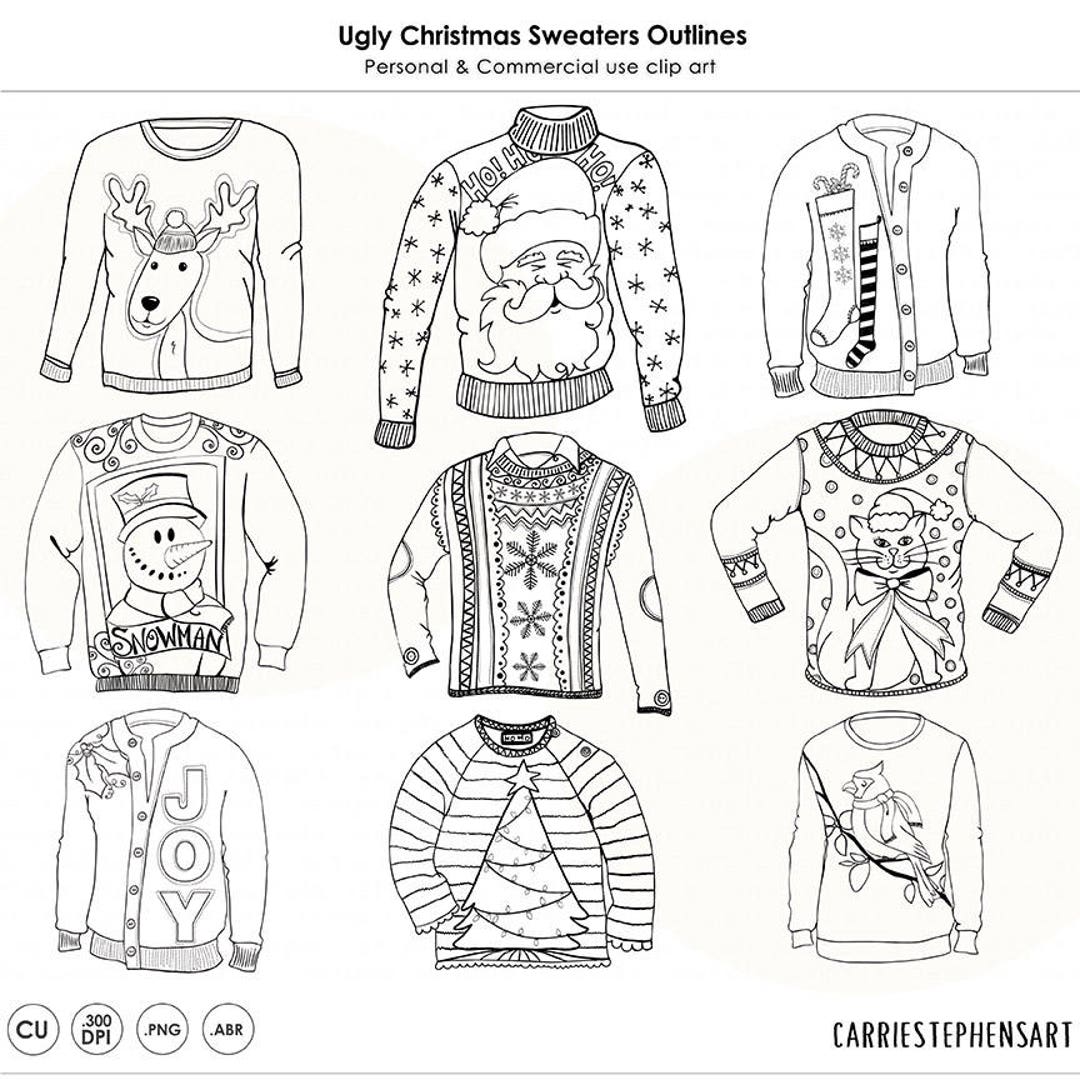 Ugly Sweater Clip Art, PNG Line Art Doodles, Christmas Coloring, Black and  White Graphic Images for Party Invitations 