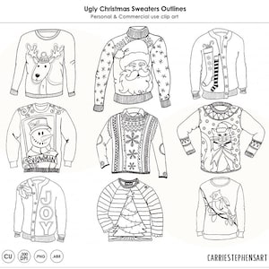 Ugly Sweater Clip Art, PNG Line Art Doodles, Christmas Coloring, Black and White Graphic Images for Party Invitations