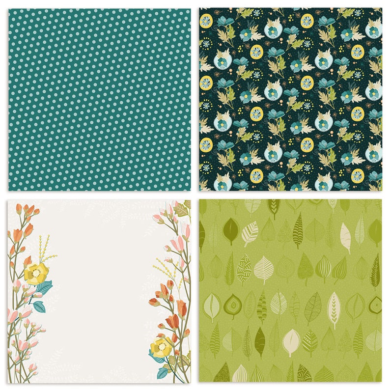 May include: Four digital paper patterns in a set. The patterns include a teal polka dot, a dark blue floral pattern, a white background with a floral border, and a green leaf pattern.