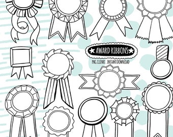 Doodle Award Ribbon, Black & White LineArt  Digital Graphic, Line Art Label ClipArt, Birthday Award Template, Print and colour DIY