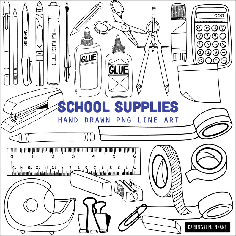 May include: A set of black and white line art illustrations of school supplies, including a stapler, scissors, glue bottles, a ruler, a pencil, a highlighter, a marker, a compass, a calculator, tape, a pencil sharpener, an eraser, and paper clips. The text "SCHOOL SUPPLIES" and "HAND DRAWN PNG LINE ART" is included in the image.