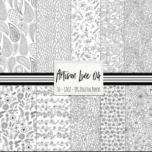 Boho Blumenmuster, Schwarz & Weiß Digital Papier, Doodle Blumen, Paisley Print, Flourish Hintergrundpapier, Artisan Line 04