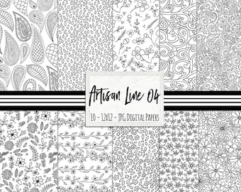 Patrón floral boho, papel digital blanco y negro, flores garabateadas, estampado paisley, papel de fondo floreciente, línea artesanal 04