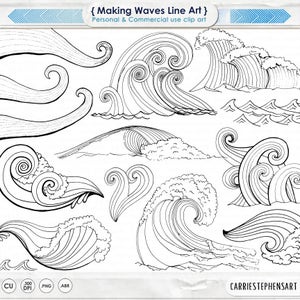 Wave Line Art Silhouettes, Water Clip Art, Coastal ClipArt, Ocean Images, Nautical Sea Life, Swimming, Beach Illustrations image 1