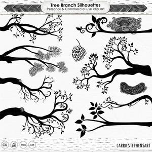 Tree Branch Silhouettes, Leaves + Branch ClipArt, Tree Branch Image + Bird Nest & Pine Cone, Download PNG Image + Photoshop Brush