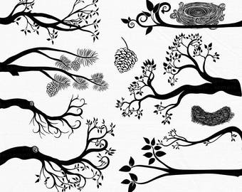 Tree Branch Silhouettes, Leaves + Branch ClipArt, Tree Branch Image + Bird Nest & Pine Cone, Download PNG Image + Photoshop Brush