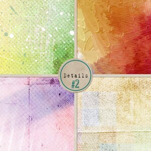 May include: A collage of four different textured backgrounds. The top left background is a light green with white splatter paint. The top right background is a light orange with brushstrokes. The bottom left background is a light purple with a pink hue. The bottom right background is a light beige with a textured surface. The center of the collage has a circle with the text "Details #2".