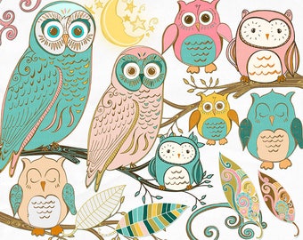 Whimsical Owl Clip Art, Folk Art Bird, Royalty Free Image, Instant Download, Vintage Style Digital Graphic, Pink & Teal, Tree Branch, Leaves