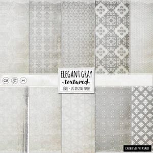 May include: A set of 12x12 inch digital papers featuring elegant grey textured patterns. The patterns include a variety of geometric designs, including a floral pattern, a star pattern, and a diamond pattern. The papers are perfect for scrapbooking, card making, and other crafting projects.