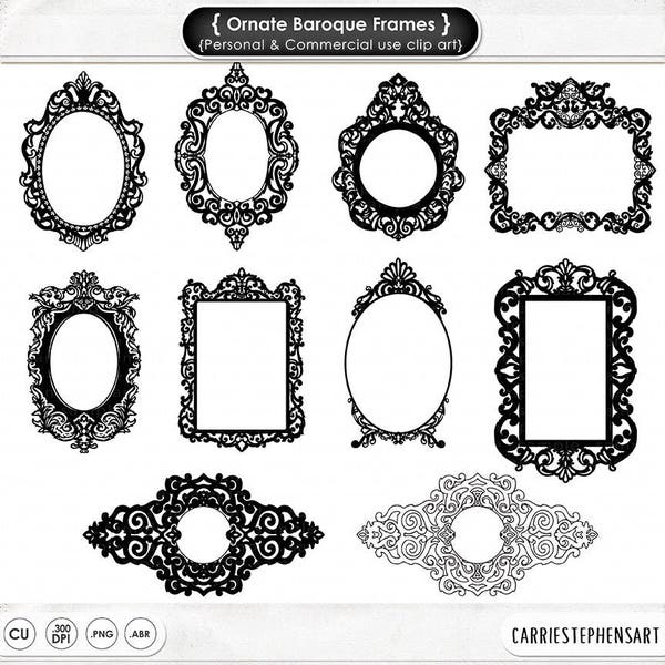 Cadre baroque orné ClipArt - Images PNG transparentes et pinceau Photoshop | Timbres numériques victoriens élégants, silhouette de cadre fleuri Télécharger