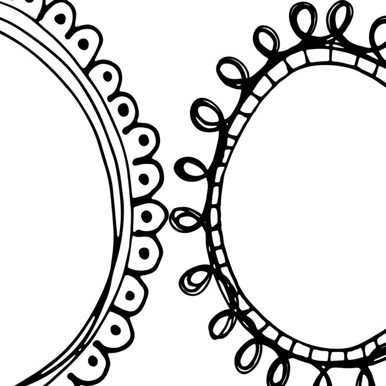 May include: Two black and white circular frames with decorative borders. The frame on the left has a simple dotted border. The frame on the right has a more intricate border with loops and swirls.