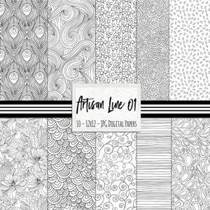 May include: A set of 10 digital papers featuring black and white line art patterns. The patterns include peacock feathers, swirls, dots, and stripes. The text "Artisan Line 01" and "10 - 12x12 - JPG DIGITAL PAPERS" is included in the image.
