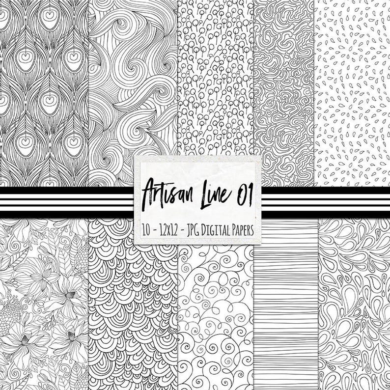 May include: A set of 10 digital papers featuring black and white line art patterns. The patterns include peacock feathers, swirls, dots, and stripes. The text "Artisan Line 01" and "10 - 12x12 - JPG DIGITAL PAPERS" is included in the image.