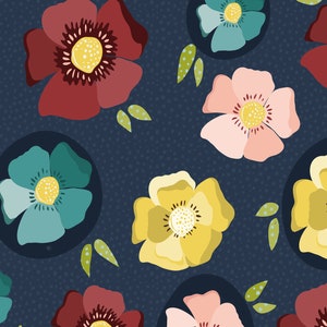 May include: A seamless pattern featuring colorful flowers on a dark blue background. The flowers are in shades of red, yellow, pink, and blue. The pattern is perfect for fabric, wallpaper, or other decorative projects.