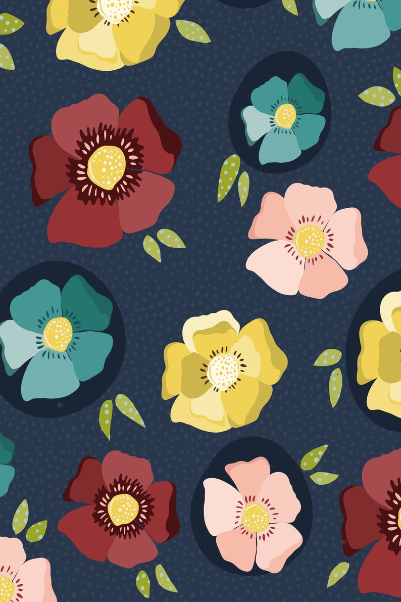 May include: A seamless pattern featuring colorful flowers on a dark blue background. The flowers are in shades of red, yellow, pink, and blue. The pattern is perfect for fabric, wallpaper, or other decorative projects.