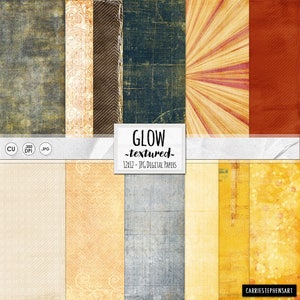 May include: A set of 12 digital papers with a variety of textures and colors, including beige, yellow, brown, blue, and red. The papers are labeled "GLOW -textured- 12x12 - JPG DIGITAL PAPERS".