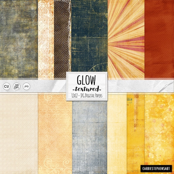 Fall Digital Paper Pack | Glow Golden Yellow, Distressed & Textured Bokeh Scrapbook Backgrounds, Sun Burst Rays, Sunrise Orange