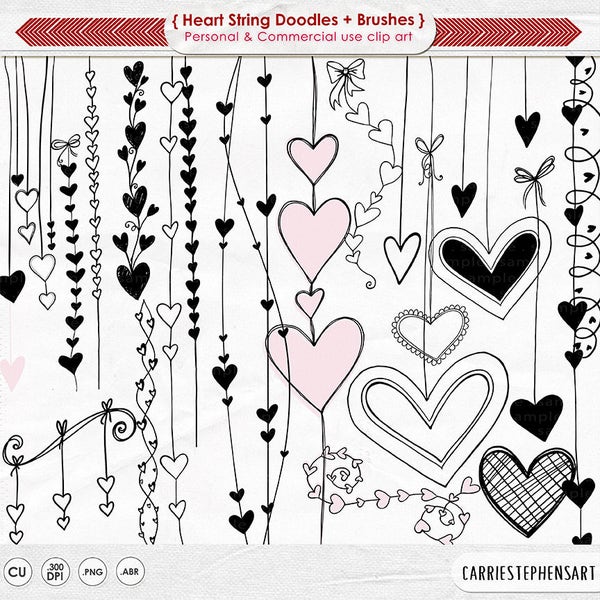 Heart ClipArt PNG, Valentine Digital Stamps, Doodle Heart Strings Border, Love Design Embellishment, Wedding Graphics