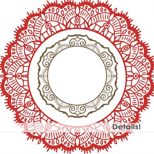 May include: A red and gold mandala design with a circular frame in the centre. The mandala has intricate details and a floral pattern. The frame is empty and ready for text or an image.